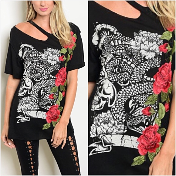 S/M Rockstar Distressed Floral Tee Tunic Top - Picture 2 of 6